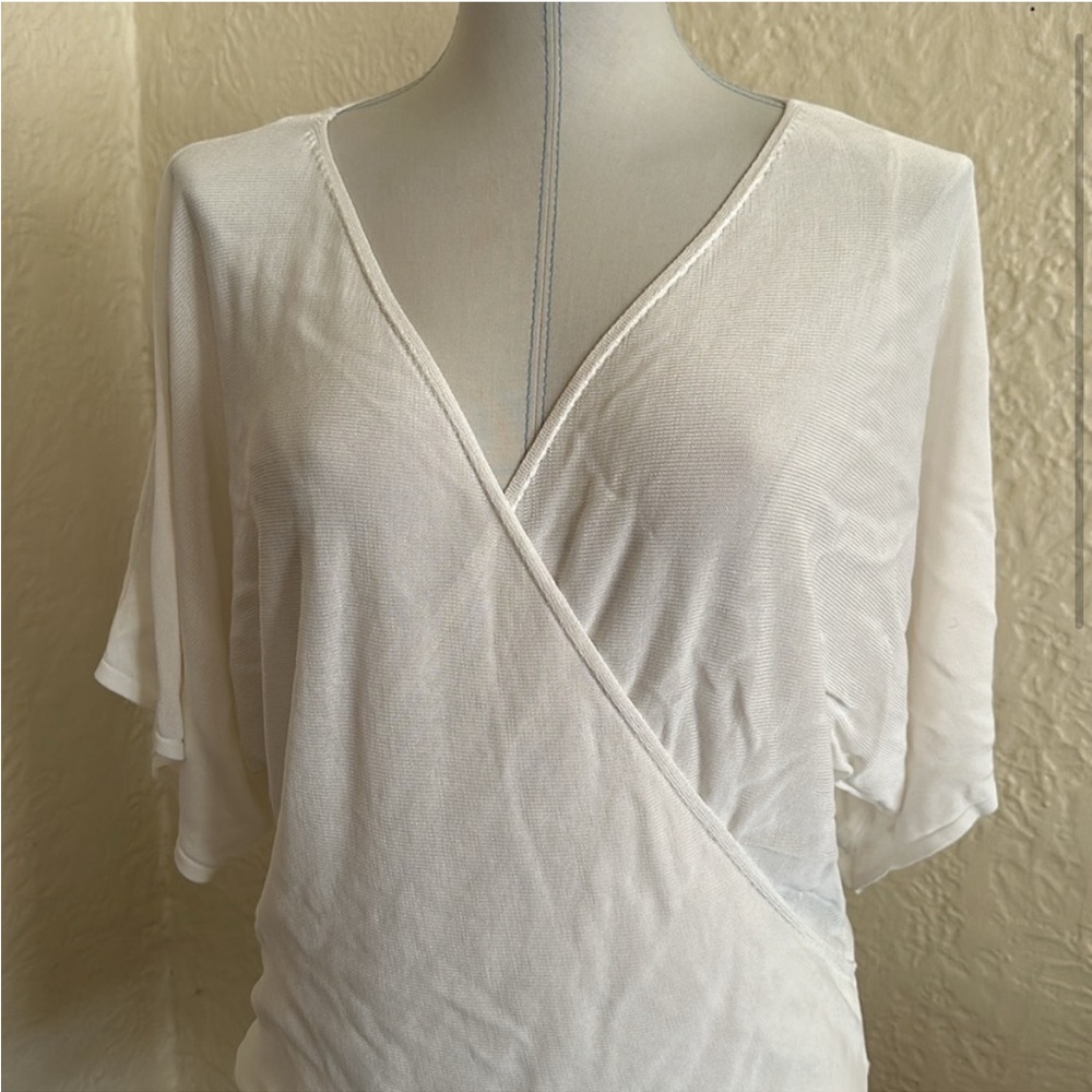 Zara White Ivory Slim Knit Surplice Dolman Short Sleeve Sweater Small